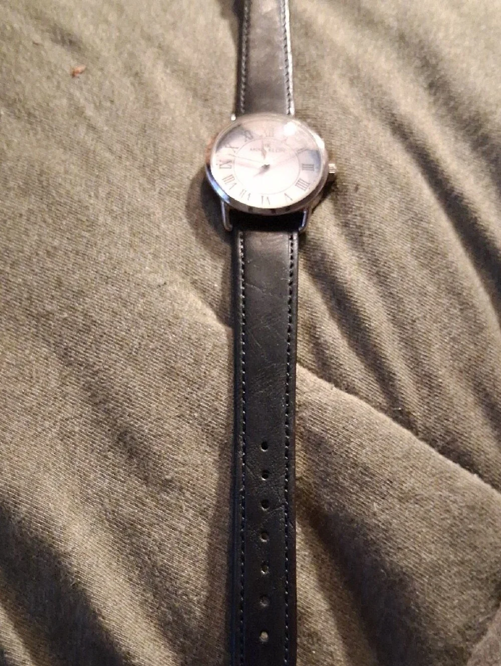 Anne Klein Silver Case White Dial Watch with Black Leather Strap